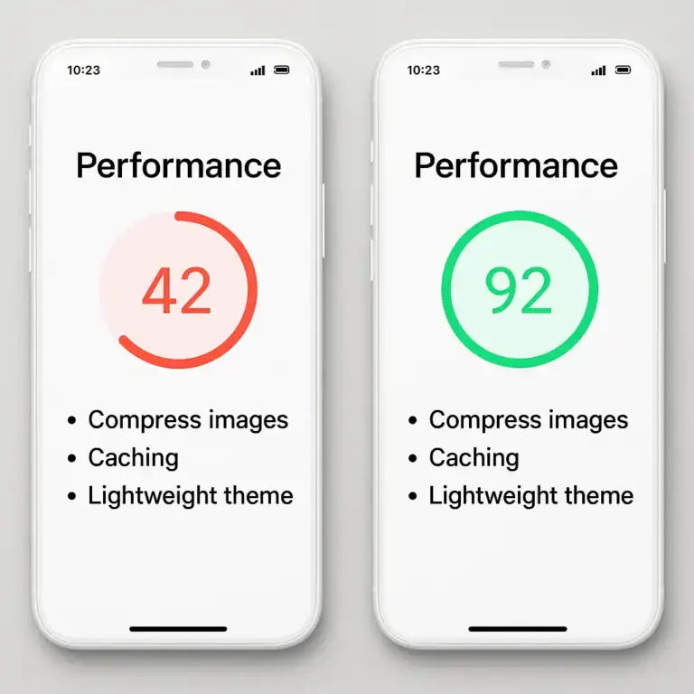 App performance scores: 42 (bad), 92 (good). Optimizations: image compression, caching, lightweight theme.